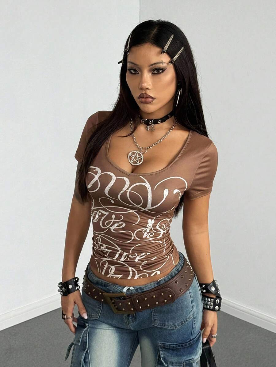 StreetHx Áo thun nữ tay ngắn cổ chữ V in chữ màu xanh đính đá trang trí phong cách đường phố thường ngày, Xuân/Hè - màu nâu - Xem 1