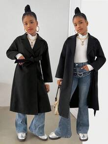 SHEIN 女童纯色休闲翻领长袖外套，秋冬外套，黑色长款大衣，女童长款风衣，儿童女童大衣 - 黑色 - 查看 5