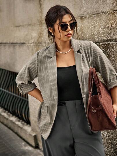Calvaya 大码女式春秋条纹卷边休闲宽松西装外套