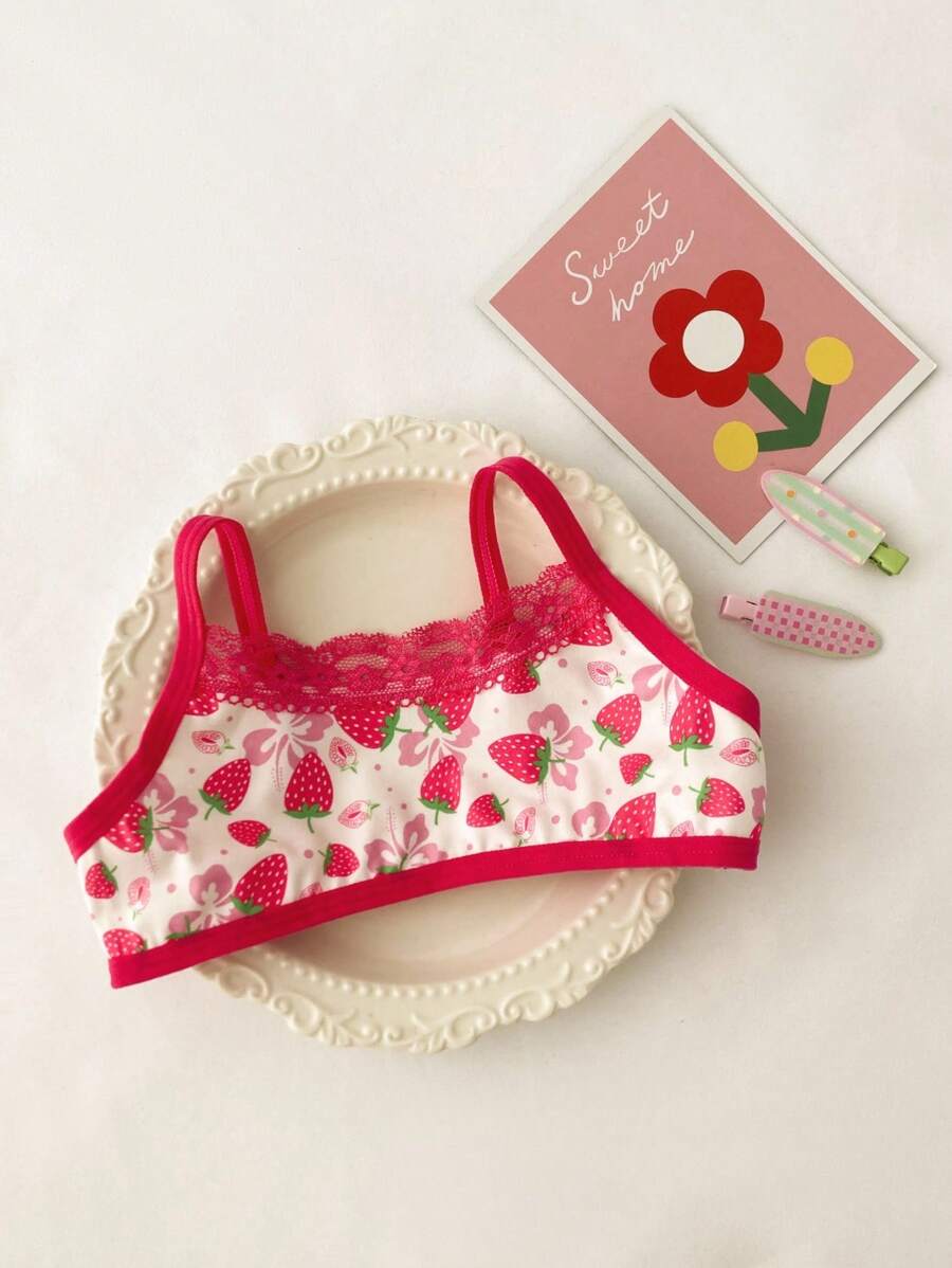 FamilyFrolics Lencería linda con estampado de fresa en todo el diseño, con parches de encaje y contraste de colores para niña joven