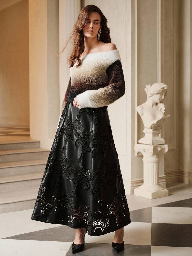 Women's Ombre Off-Shoulder Sweater, Elegant Chic Knitted Long Sleeve Pullover, Autumn/Winter