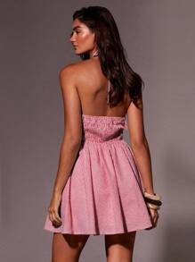 Athîral 女式夏季时尚格子露背挂脖迷你连衣裙 - 紅色 - 查看 2