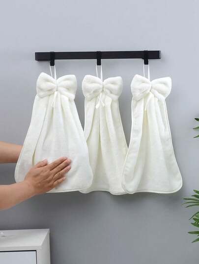 SHEIN 1/3Pcs Hand Towel Coral Fleece Creative Striped Bow Soft Absorbent Belt Hanging Rope Plain Color Hand Towel Cleaning Cloth Hanging Type Absorbent Soft Household Towel Not Easy To Shed Hair