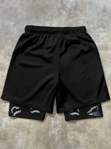 SHEIN Bolty 1 Pc Teenboy's Figure Graphic Drawstring Waist Mesh Shorts, School;Spring Wear; Teen Boys' Clothing; Teen Boy' Jackets, Spring Back To School - Black - View 2