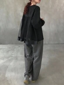 FRIFUL Women's Loose Fit Round Neck Long Sleeve Black Solid Color Sheer Mesh Patchwork Back Casual T-Shirt, Versatile For Autumn