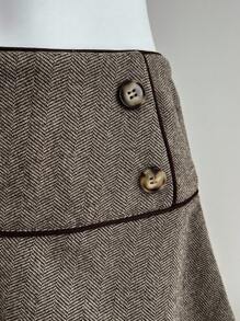 Elamini Rok Midi Fashion Wanita Gaya Vintage Pinggang Rendah dengan Desain Kancing - Coffee Brown - View 4