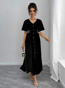 Momance Elegant Maternity Dress With Contrast Trim, Summer - Black - View 5