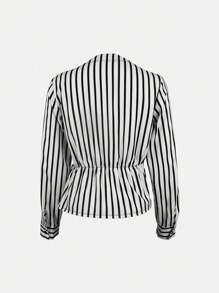 GlowEve Casual Commute Contrast Color Block Striped Wrap Shirt Fall Cloth For Women - Black - View 2