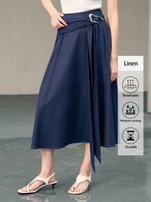 Uhlyne 优雅休闲亚麻系带长裙 - 藏蓝色 - 查看 4