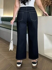 DAZY 大码女式深蓝色水洗弹力修身直筒九分牛仔裤，四季皆宜的百搭休闲裤 - 深色水洗藍 - 查看 4