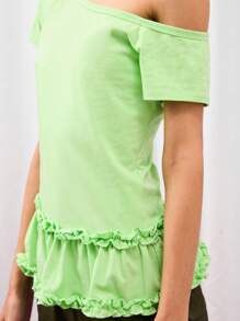 COUREZ Short Sleeve Off Shoulder Jersey Top With Frill Hem /Y2K Fall Women Clothes Fall Clothes Cute Tops Fall Tops Going Out Tops Going Out Outfits Sexy Vacation