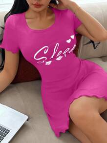 SHEIN 女士休闲情书印花短袖睡袍，ins风，夏季 - 玫紅色 - 查看 4