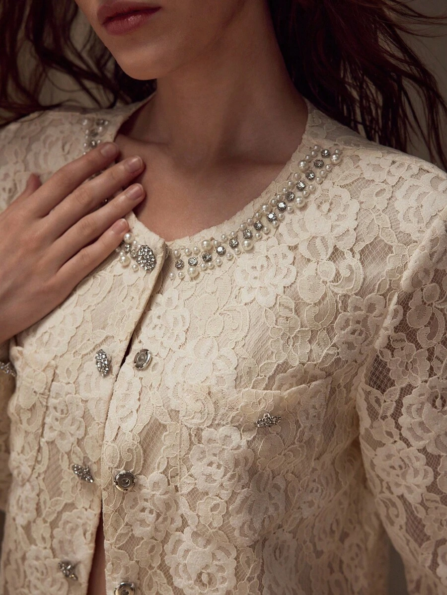 MOTF PREMIUM Conjunto elegante y exquisito de chaqueta de encaje con cuentas y falda con bajo de sirena, de moda y sexy para mujeres - Albaricoque - Ver 1