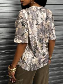 INAWLY Women Casual Distressed Branch Allover Print Short Sleeve T-Shirt - Multicolor - View 2