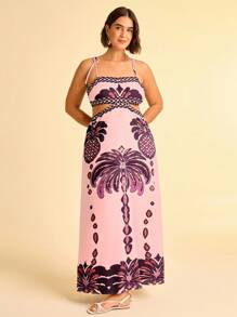 CAJUNI 女式波西米亚风香蕉树和菠萝印花镂空腰后绑带无袖粉色连衣裙，假日休闲夏装 - 粉色 - 查看 3