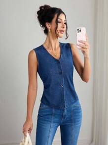 Elenzga 女式V领单排扣休闲牛仔背心 - 深色水洗藍 - 查看 7
