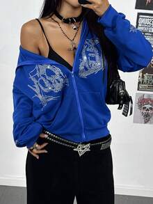 StreetHx 女士海军蓝英式水钻装饰街头风连帽衫 - 寶藍色 - 查看 1