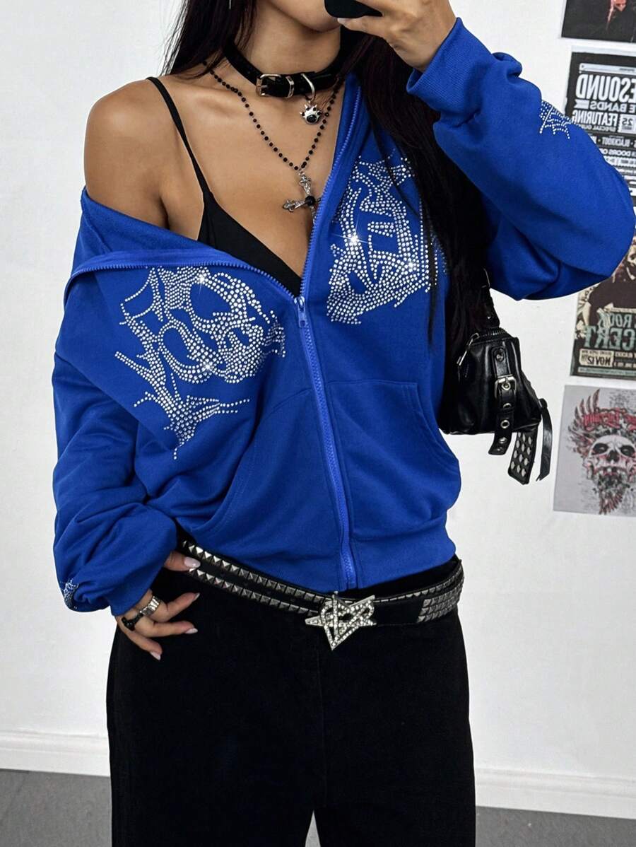 StreetHx 女士海军蓝英式水钻装饰街头风连帽衫 - 寶藍色 - 查看 1