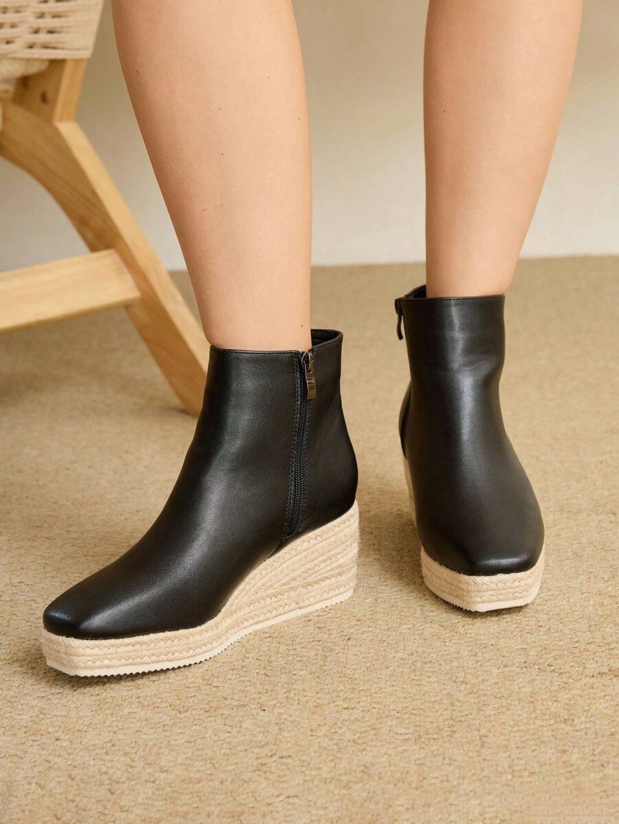 Styleloop Women's Minimalist Rope-Soled Ankle Boots And Ankle Boots, Western Style Casual Summer Music Festival Outfit - Black - View 1