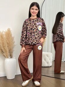 SHEIN Bộ quần áo nỉ cổ tròn thoải mái, tối giản, rộng rãi cho bé gái tuổi mới lớn - Màu Khaki - Xem 6