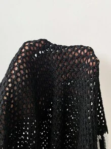 SHEIN EZwear 大码女式数字图案短袖镂空针织上衣 - 黑色 - 查看 7