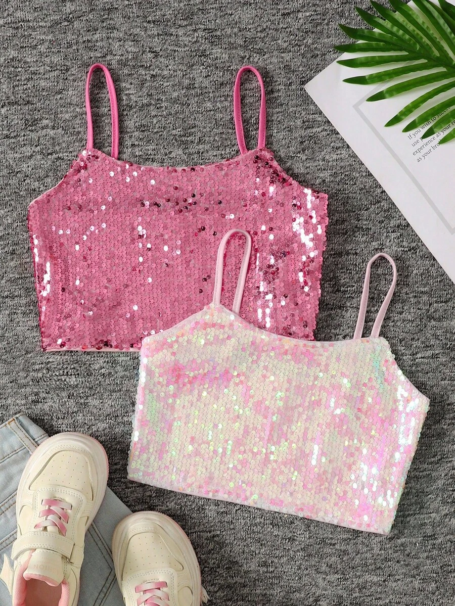 SHEIN 2pcs/Set Tween Girls' Casual Street Style Sequin Strap Tank Top - Pink - View 1