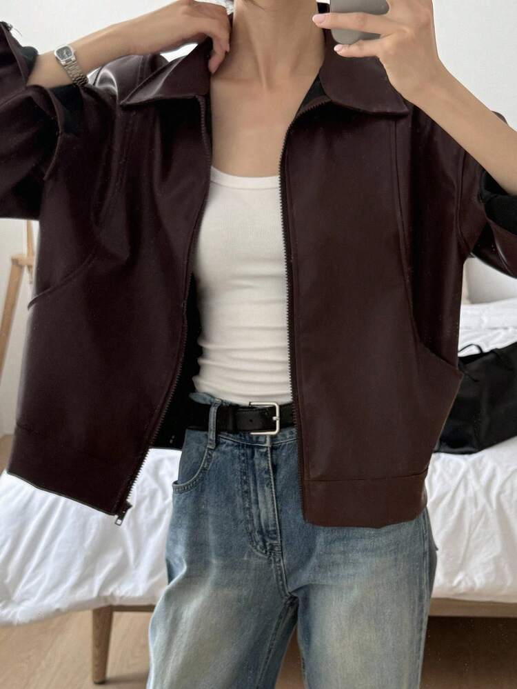 Lapel Zipper Loose Casual Boyfriend Style Motorcycle Leather Jacket Women Coats
