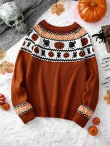 Elamini Women's Halloween Pumpkin & Cat Graphic Crew Neck Long Sleeve Knit Sweater Pumpkin Sweater Halloween Clothes Fall Winter Cloth For Women - Multicolor - View 2