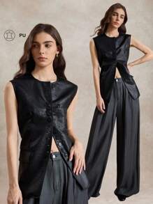 Briarwyn Jaqueta Feminina de Couro PU com Gola Redonda, Botões na Frente e Sem Manga, Roupas de Outono, Roupas de Volta às Aulas, Roupas Vintage Femininas, Estilo Old Money Feminino, Looks de Professora Femininos na Cor Preta - Preto - Visão 8