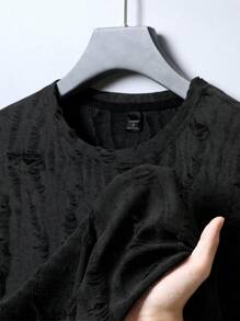 Claim Dot Men's Street-Style Distressed Texture Jacquard Sleeveless Crew Neck Fashion Tank Top - Black - View 4