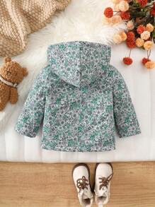 SHEIN Vintaside Kids 复古碎花连帽夹克，适合女婴，拉链开合，保暖内衬，休闲时尚冬季外套 - 彩色 - 查看 2