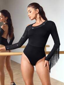 Menodora SHEIN Sport 不对称领口露背亮片拼布舞蹈连体衣 - 黑色 - 查看 5