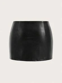 SHEIN ICON Y2k 黑色 PU 迷你裙，斜拉链，配腰带 - 黑色 - 查看 3