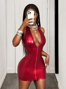Mistrie 2025 性感镜面 PU 深 V 领修身紧身吊带俱乐部连衣裙 病毒之夜 - 酒紅色 - 查看 6