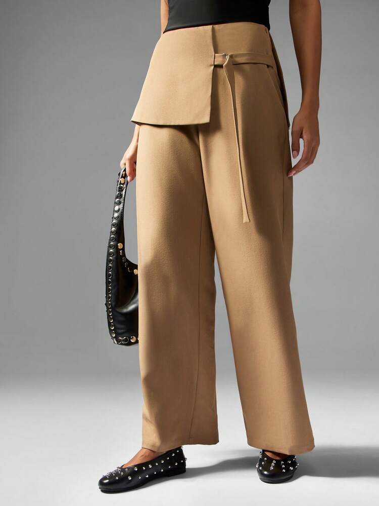 MISSGUIDED 오버레이 패널 디자인이 있는 하이웨스트 와이드 레그 팬츠, 비즈니스 캐주얼 오피스 웨어 트라우저, 가을 겨울 패션 팔라초 스타일