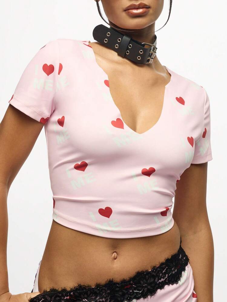SUMWON WOMEN Heart Print V Neck Crop Top With Lace Detail