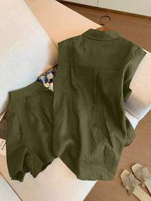 Airaco Women's Knight Print Single-Breasted Pocket Shirt And Shorts Casual 2 Pieces Set - Army Green - View 2