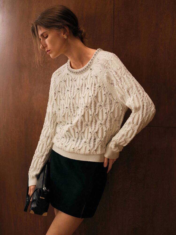 AUTUMN/WINTER HOLLOW OUT DISTRESSED RHINESTONE SWEATER, LOOSE CREW NECK TOP