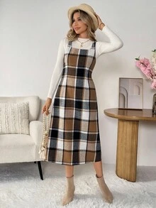 SHEIN LUNE 女士休闲格子无袖中长连衣裙，收腰设计，日常百搭，秋冬格子连衣裙，女士格子中长连衣裙，方格连衣裙，秋季连衣裙，大地色系连衣裙，外出穿搭，女士连衣裙，女士连衣裙，优雅休闲连衣裙，女士街头风秋季服装，女士秋季穿搭，秋季服装，女士冬季服装，冬季服装，女士休闲机场穿搭，女士外出穿搭，休闲 - 彩色 - 查看 4