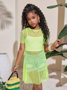 SHEIN 青少年女孩休闲针织网眼圆领短袖罩衫 - 黃色 - 查看 4