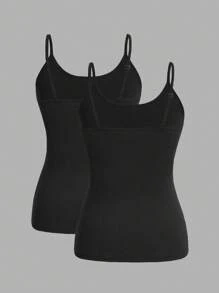 SHEIN EZwear 2 件女士黑色紧身休闲吊带背心，适合夏季 - 黑色 - 查看 2