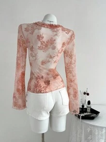 Elamini Sexy V-Neck Flocked Ruffle Tie-Up Slim Fit Sheer Long Sleeve Cardigan Top Fall Cloth For Women - Pink - View 2