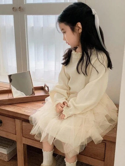 DAZY Young Girls High Collar Mesh Patchwork Korean Style Mid-Length Sweater Dress Fall/Winter