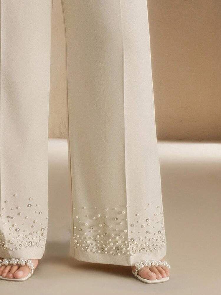 Plus Size Women's Modern Elegant New Mixed Pearl & Rhinestone Decor Wide Leg Pants Winter Fall Autumn