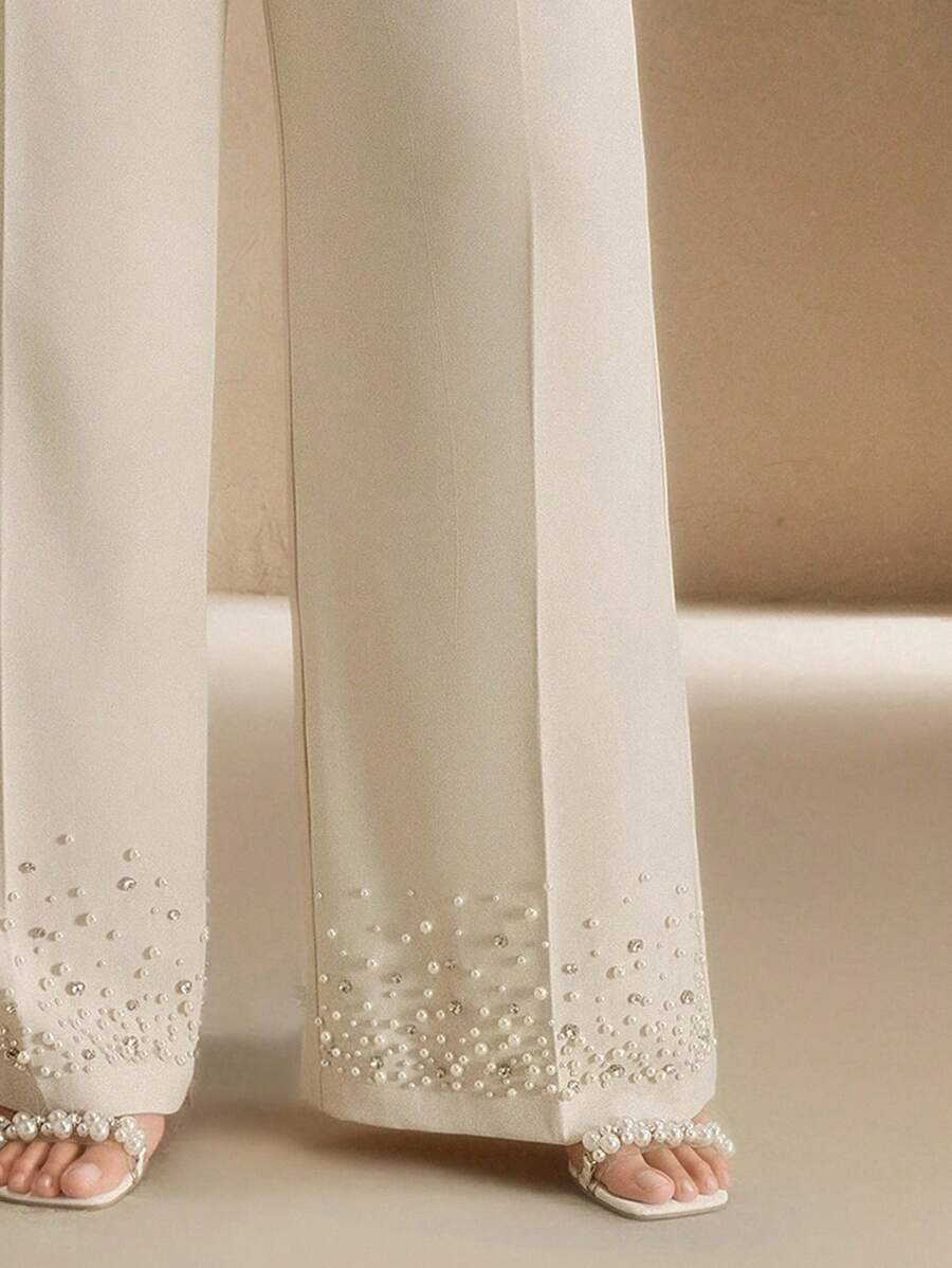 Anewsta 大码女式现代优雅新款混合珍珠和水钻装饰阔腿裤