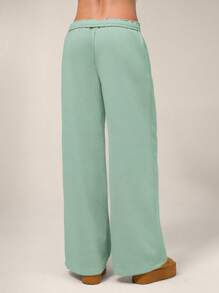 SHEIN Forever 21 秋冬新款休闲宽松高腰松紧腰阔腿运动裤加厚保暖内衬 - 薄荷綠 - 查看 2