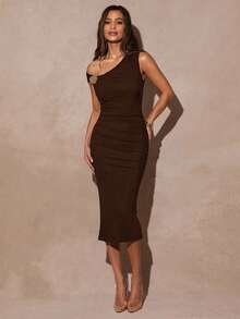 Silquee Đầm ôm cổ lệch màu thanh lịch dành cho nữ, mùa hè - Cà phê nâu - Xem 1