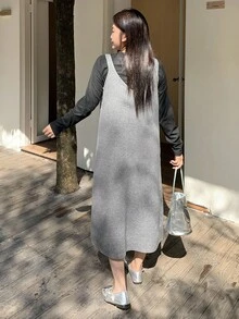 Dazy Plus Plus Size Women Button Decor Suspender Long Sweater Dress, Casual Solid Color, Autumn/Winter