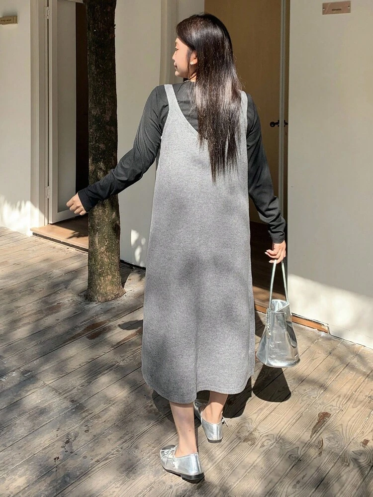 Dazy Plus Plus Size Women Button Decor Suspender Long Sweater Dress, Casual Solid Color, Autumn/Winter