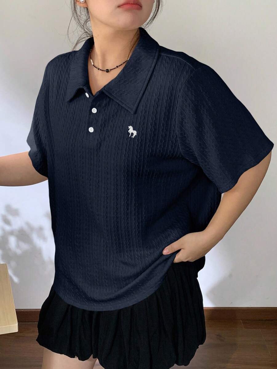 DAZY Apricot Basic Polo Collar Embroidered Turndown Collar Short Sleeve Summer Plus Size T-Shirt - Navy Blue - View 1